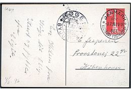15 øre Stavnsbåndet på brevkort annulleret med særstempel Danmark * Det rullende Postkontor * d. 3.7.1938 og sidestemplet Køge d. 3.7.1938 til København. Det rullende postkontor var opstillet i Køge i dagene 1.-3.7.1938 i forbindelse med 650 års byjubilæum.