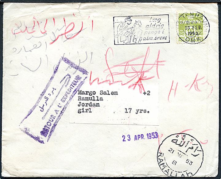 12 øre Bølgelinie på tryksag fra København d. 23.2.1953 via Jerusalem til Ramallah, Jordan. Retur med flere stempler da modtager er rejst til USA.