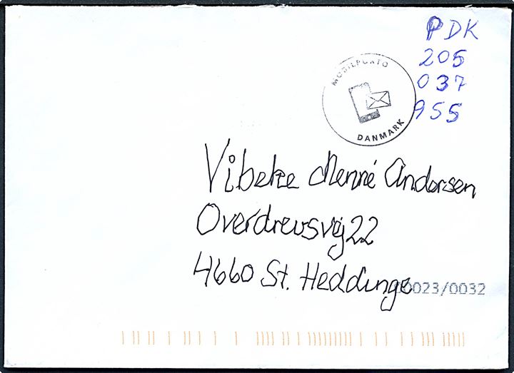Ufrankeret brev med påskrevet mobilportokode og stempel Mobilporto Danmark fra Assens til St. Heddinge.