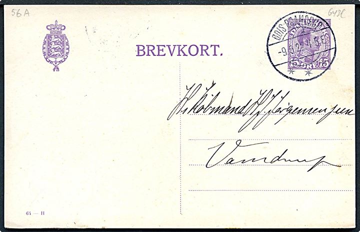 15 øre Chr. X helsagsbrevkort (fabr. 64-H) annulleret med brotype IIa Ødis Bramdrup d. 9.6.1922 til Vamdrup.