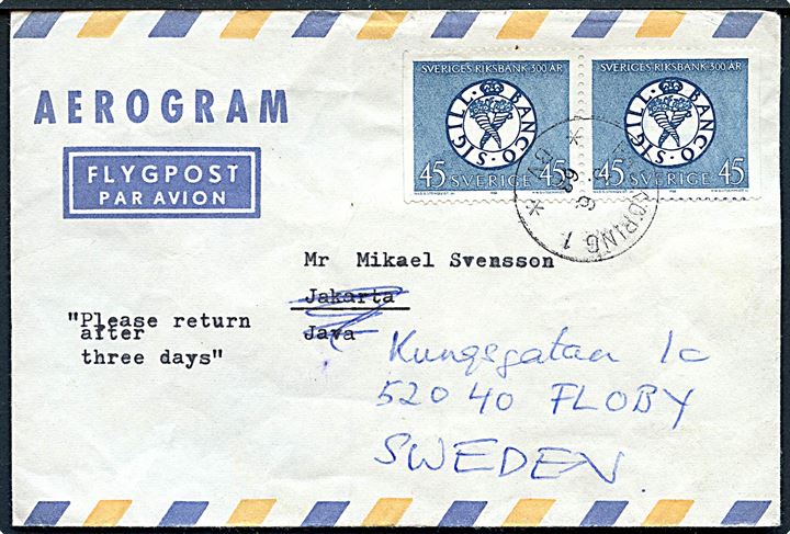45 öre Sveriges Riksbank i parstykke på privat aerogram fra Falköping d. 3.6.1968 til Jakarta, Indonesien. Returneret.