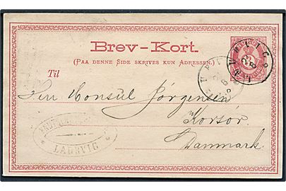 3 sk. helsagsbrevkort fra Laurvig d. 21.8.1876 til Korsør, Danmark.
