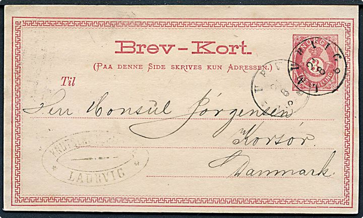 3 sk. helsagsbrevkort fra Laurvig d. 21.8.1876 til Korsør, Danmark.