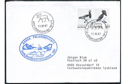 2,50 kr. Gås og Alkekonge i sammentryk på filatelistisk brev stemplet Longyearbyen d. 13.8.1987 til Düsseldorf, Tyskland. Blåt ekspeditionsstempel: Norsk Polarinstitutt Svalbardekspedisjonen 1987.