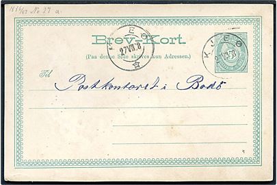 5 øre helsagsbrevkort fra Kjeø d. 27.8.1888 til postkontoret i Bodø. Opfordring til at eftersende evt. ankommen post.
