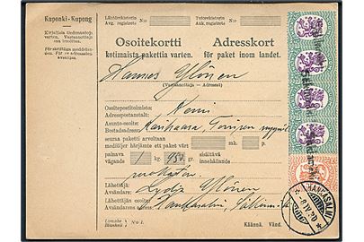 1 mk. og 1½ mk. (4) Løve på adressekort for pakke annulleret med liniestempel Säkinmäki og sidestemplet Hankasalmi d. 8.4.1930 til Karihaara.