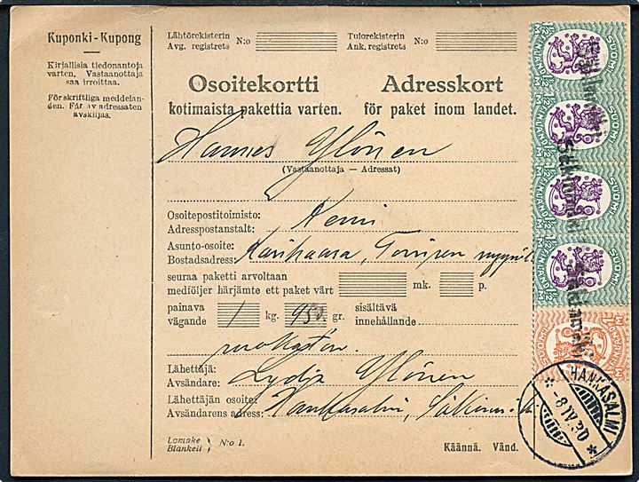 1 mk. og 1½ mk. (4) Løve på adressekort for pakke annulleret med liniestempel Säkinmäki og sidestemplet Hankasalmi d. 8.4.1930 til Karihaara.