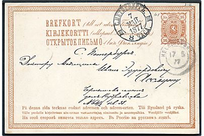 16 kop. helsagsbrevkort annulleret med 2-ringsstempel Helsingfors d. 17.5.1877 til St. Petersborg, Rusland. 