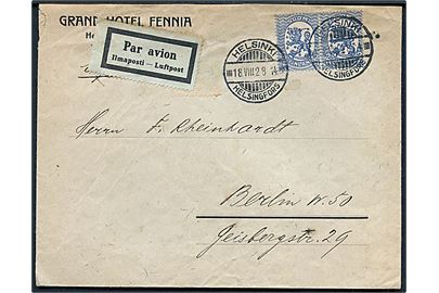 2 mk. Løve i parstykke på luftpostbrev fra Helsinki d. 18.8.1928 til Berlin, Tyskland.