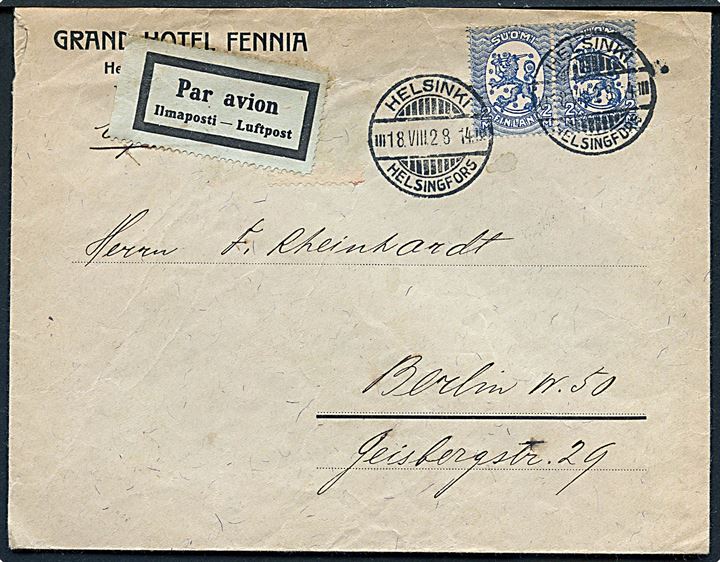 2 mk. Løve i parstykke på luftpostbrev fra Helsinki d. 18.8.1928 til Berlin, Tyskland.