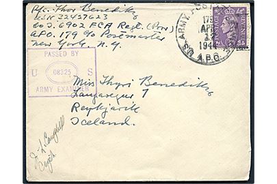 Britisk 3d George VI på brev annulleret med amerikansk feltpost stempel U. S. Army Postal Service APO 179 (= Manchester, England) d. 17.4.1944 til Reykjavik, Island. Fra islandsk menig i Co. J, 6902 E.C.A. Regt. (Prov.). Violet unit censor no. 08325.