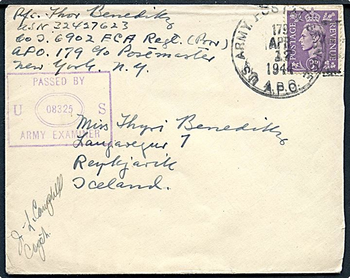 Britisk 3d George VI på brev annulleret med amerikansk feltpost stempel U. S. Army Postal Service APO 179 (= Manchester, England) d. 17.4.1944 til Reykjavik, Island. Fra islandsk menig i Co. J, 6902 E.C.A. Regt. (Prov.). Violet unit censor no. 08325.