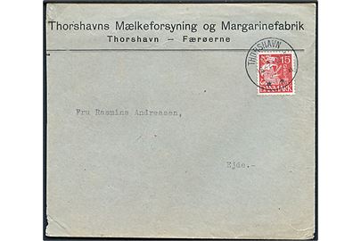 15 øre Karavel på brev fra Thorshavns Mælkeforsyning og Margarinefabrik annulleret med brotype IIIg d. 16.2.1936 til Ejde. Afkortet i venstre side.