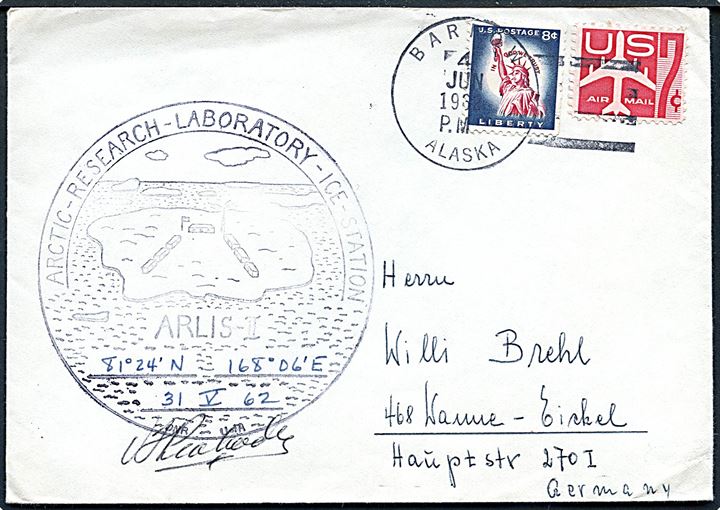 7 cents og 8 cents på luftpostbrev stemplet Barrow Alaska d. 4.6.1962 og sidestemplet Arctic Research Laboratory Ice Station ARLIS II d. 31.5.1962 til Hanne, Tyskland.