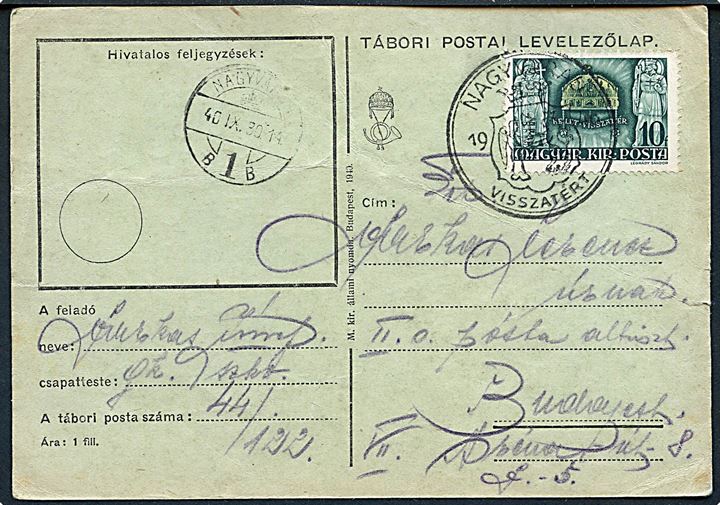 10 f. på feltpostkort annulleret med genforeningsstempel Nagyvarad Visszatert og sidestemplet Nagyvarad d. 30.9.1940 til Budapest. Sendt fra den rumænske by Oradea (Ungarsk Nagyvarad) i Nordtranssylvanien som blev indlemmet i Ungarn under 2. verdenskrig.