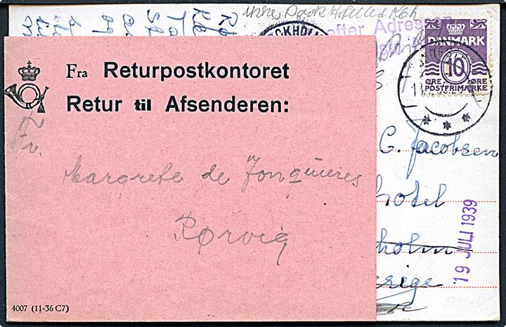 10 øre Bølgelinie på brevkort (Rørvig kirke) fra Hundested d. 14.7.1939 til Stockholm, Sverige - returneret til København og forespurgt via Returpostkontoret i Rørvig.
