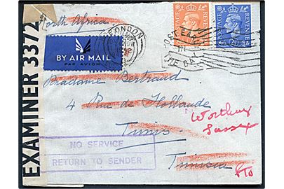 2d og 2½d George VI på luftpostbrev fra London d. 11.11.1942 til Tunis, Nørdafrika. Åbnet af britisk censur PC90/3372 og returneret med rammestempel No Service og stemplet London d. 24.11.1942. Brevet forsøgt sendt til Tunis omtrent samtidig med den allierede landgang i Nordafrika - men øjensynlig inden postforbindelsen var blevet genoptaget.