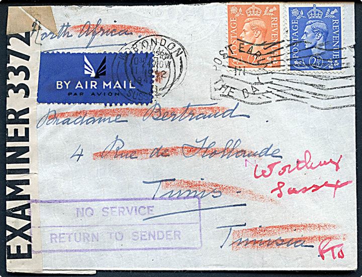 2d og 2½d George VI på luftpostbrev fra London d. 11.11.1942 til Tunis, Nørdafrika. Åbnet af britisk censur PC90/3372 og returneret med rammestempel No Service og stemplet London d. 24.11.1942. Brevet forsøgt sendt til Tunis omtrent samtidig med den allierede landgang i Nordafrika - men øjensynlig inden postforbindelsen var blevet genoptaget.