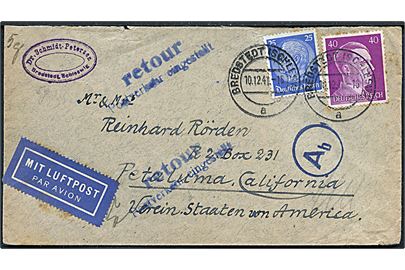 25 pfg. Hindenburg og 40 pfg. Hitler på luftpostbrev fra Bredstedt d. 10.12.1941 til Petaluma, USA. Returneret af den tyske censur i Berlin med stempel retour Postverkehr eingestellt (Postforbindelsen indstillet).