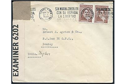 10 c. Rivadavia i parstykke på overfradebrev fra Buenos Aires d. 11.9.1941 til Bombay, Indien. Åbnet af britisk censur PC90/6202.