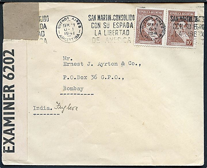10 c. Rivadavia i parstykke på overfradebrev fra Buenos Aires d. 11.9.1941 til Bombay, Indien. Åbnet af britisk censur PC90/6202.