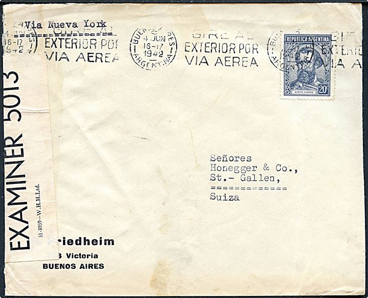 20 c. på brev fra Buenos Aires d. 4.6.1942 til St. Gallen, Schweiz. Påskrevet via Nueva York og åbnet af britisk censur PC90/5013 sm formodentlig er benyttet på Trinidad.