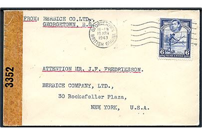 6d George VI på brev fra Georgetown d. 10.4.1943 til New York, USA. Åbnet af amerikansk censur no. 3352 i New Orleans.