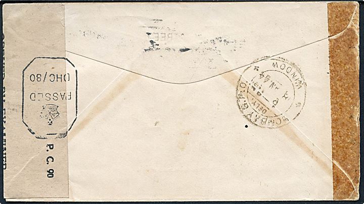 2 cents og 5 cents på overfladebrev fra New York d. 27.9.1943 til Bombay, Indien. Åbnet af amerikansk censur med affaldet banderole og indisk censur DHC/80 & DHC/385 i Bombay.