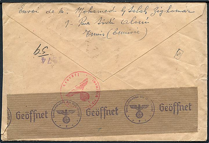 5 fr. på anbefalet brev fra Tunis d. 7.1.1942 til Prag, Böhmen-Mähren. Åbnet af tysk censur i Frankfurt. Usædvanligt eksempel på post mellem Vichy Fransk Nordafrika, postforbindelsen i den modsatte retning var indstillet indtil d. 15.3.1942.