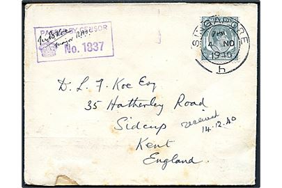 8c George VI på brev fra officer ved R.O.A.C. i Malaya stemplet Singapore d. 4.11.1940 til England. Selvcensureret med Passed by Censor No. 1837. Noteret modtaget d. 14.12.1940. 