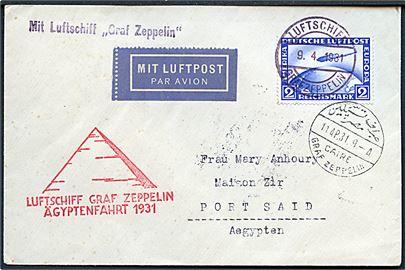 2 mk. Zeppelin udg. på luftpostbrev annulleret med bordstempel Luftschiff Graf Zeppelin d. 9.4.1931 og sidestemplet med egyptisk særstempel Caire Graf Zeppelin d. 11.4.1931 til Port Said, Egypten. Rødt flyvningsstempel: Luftschiff Graf Zeppelin Ägyptenfahrt 1931. 