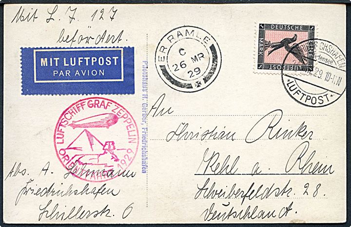 2 mk. Luftpost på brevkort (Luftskib LZ 129 Graf Zeppelin) fra Friedrichshafen d. 24.3.1929 til Rehl, Tyskland. Befordret med luftskib og nedkastet over Er Ramle d. 26.3.1929. Rødt flyvningsstempel: Luftschiff Graf Zeppelin Orientfahrt 1929.