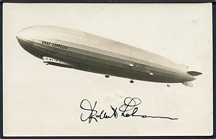 2 mk. Luftpost på brevkort (Luftskib LZ 129 Graf Zeppelin) fra Friedrichshafen d. 24.3.1929 til Rehl, Tyskland. Befordret med luftskib og nedkastet over Er Ramle d. 26.3.1929. Rødt flyvningsstempel: Luftschiff Graf Zeppelin Orientfahrt 1929.