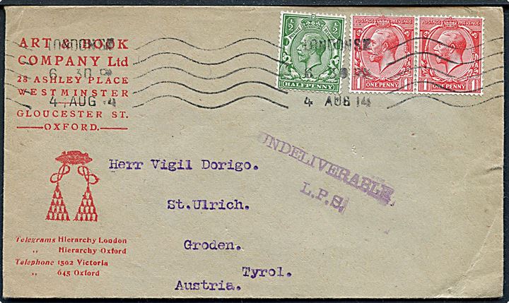 ½d og 1d (par) George V på brev fra London d. 4.8.1914 til Groden, Tyrol, Østrig. Returneret med stempel Undeliverable L.P.S. fra London Postal Section da postforbindelsen er blevet afbrudt pga. 1. verdenskrig.