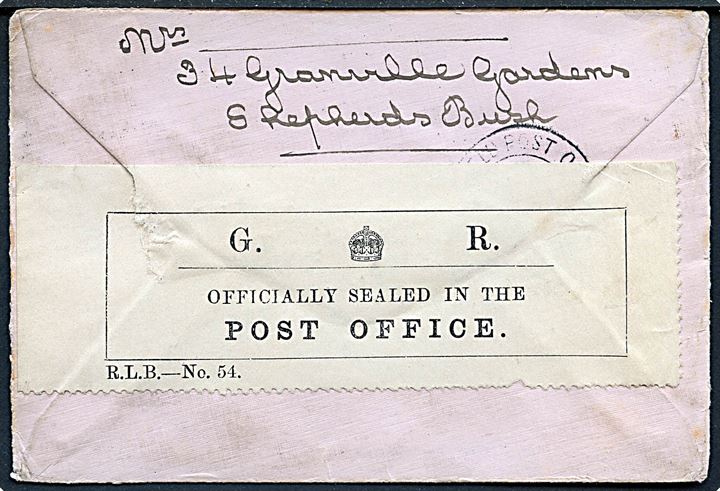 1d George V på brev fra Shepherds Bush d. 9.8.1916 til officer ved 1/22nd London Regiment (The Queens), B.E.F., France - eftersendt til hospital og returneret med flere stempler. På bagsiden etiket: G.R. Officially sealed in Post Office R.L.B. - No. 54.