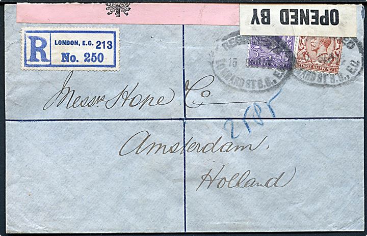 1½d og 3d George V på anbefalet brev fra London d. 15.9.1914 til Amsterdam, Holland. Åbnet af britisk censur med to forskellige banderoler. Ank.stemplet i Amsterdam d. 18.9.1914.