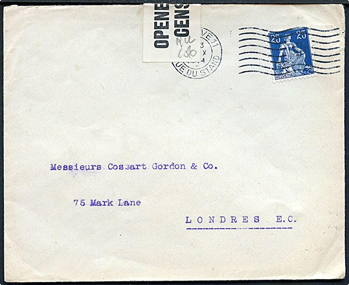 25 c. på brev fra Geneve d. 10.10.1914 til London, England. Åbnet af tidlig britisk censur og ank.stemplet i London d. 16.10.1914.