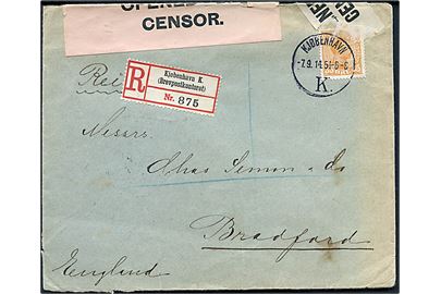 35 øre Chr. X single på anbefalet brev fra Kjøbenhavn d. 7.9.1914 via London til Bradford, England. Åbnet af britisk censur med 2 forskellige banderoler.