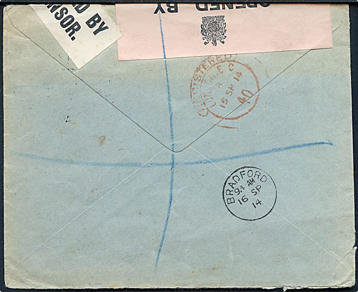 35 øre Chr. X single på anbefalet brev fra Kjøbenhavn d. 7.9.1914 via London til Bradford, England. Åbnet af britisk censur med 2 forskellige banderoler.