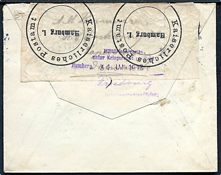20 øre Chr. X på brev fra Kjøbenhavn d. 30.1.1917 til Schwerin, Tyskland. Åbnet af tysk censur i Hamburg og censurstemplet S.i.M. i Schwerin i. Mecklenburg.