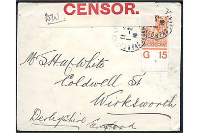 2d George V single på brev annulleret med fransk stempel i Boulogne sur Mer d. 1.2.1916 til Wirksworth, England. Åbnet af britisk censur med banderole med rød tekst.