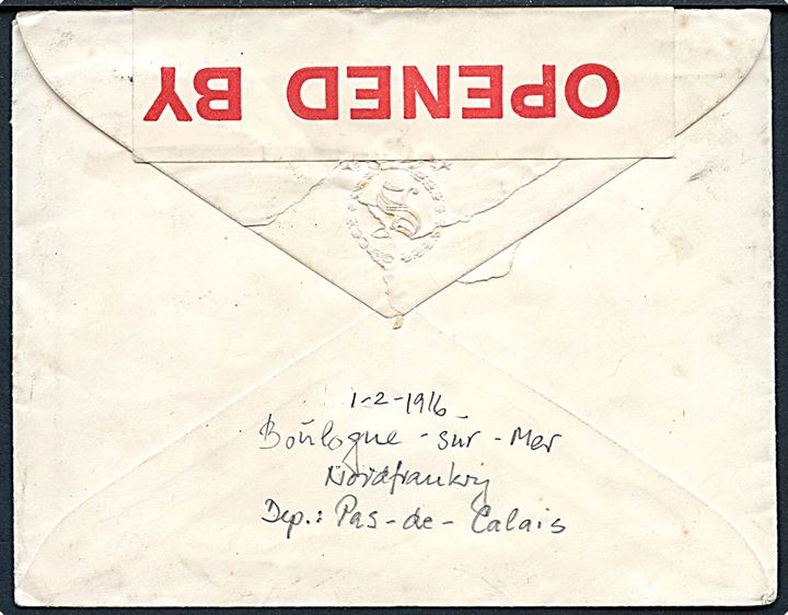2d George V single på brev annulleret med fransk stempel i Boulogne sur Mer d. 1.2.1916 til Wirksworth, England. Åbnet af britisk censur med banderole med rød tekst.