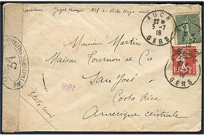 10 c. og 15 c. på brev fra Auch d. 3.7.1918 til San José, Costa Rica. Åbnet af fransk censur no. 31 i Dieppe og ank.stemplet San José d. 12.8.1918.