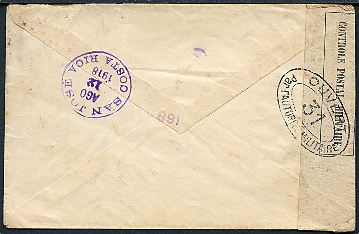 10 c. og 15 c. på brev fra Auch d. 3.7.1918 til San José, Costa Rica. Åbnet af fransk censur no. 31 i Dieppe og ank.stemplet San José d. 12.8.1918.