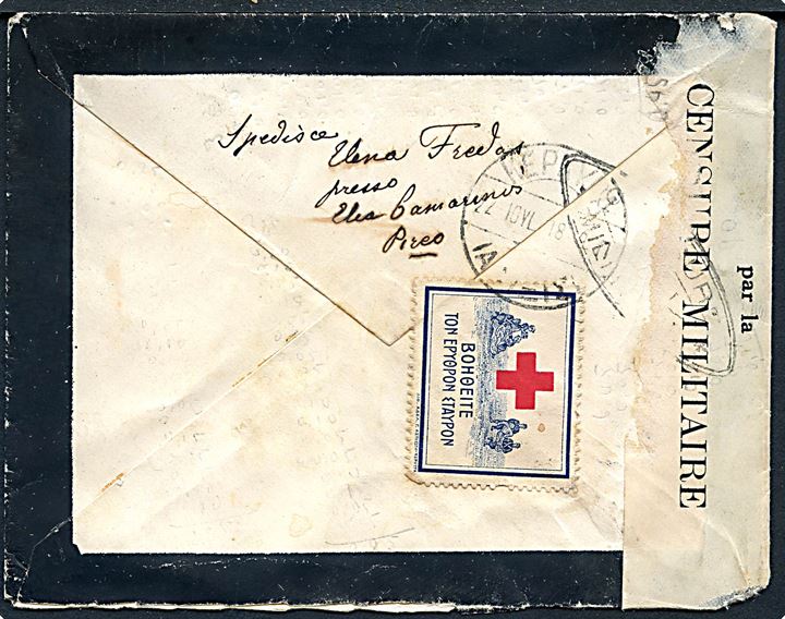 15 l. single på sørgekuvert fra Piræus d. 16.7.1918 til Corfu. Åbnet af lokal fransk censur på Corfu. På bagsiden græsk røde kors mærkat.