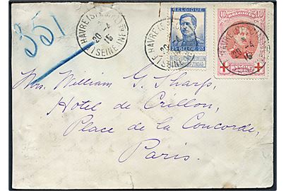 10 c. og 25 c. på brev sendt fra det belgiske exil postkontor i Frankrig Le Havre (Special) d. 20.4.1916 til Paris.