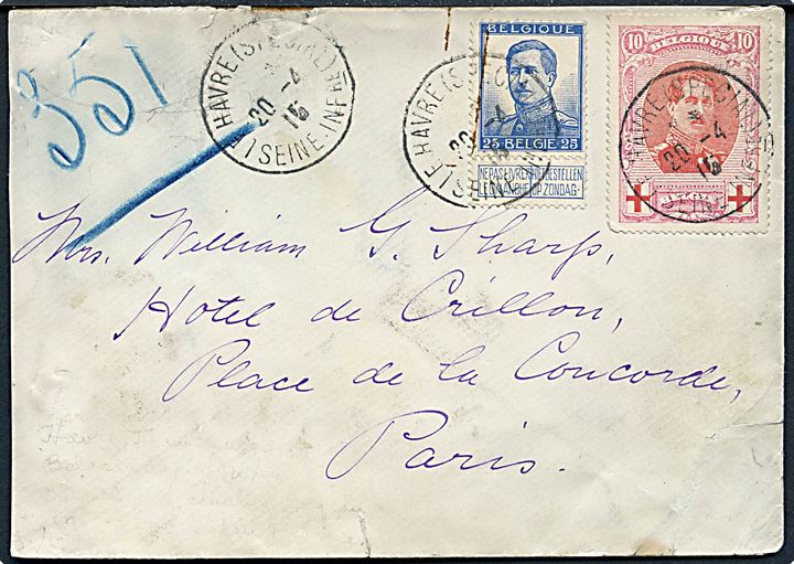 10 c. og 25 c. på brev sendt fra det belgiske exil postkontor i Frankrig Le Havre (Special) d. 20.4.1916 til Paris.