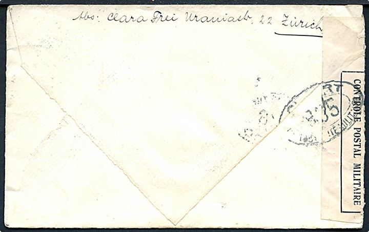 25 c. på brev fra Zürich d. 19.2.1917 til Arcadia, USA. Påskrevet: Über Deutschland - Skandinavien, men åbnet af det franske censurkontor i London med stempel 905.