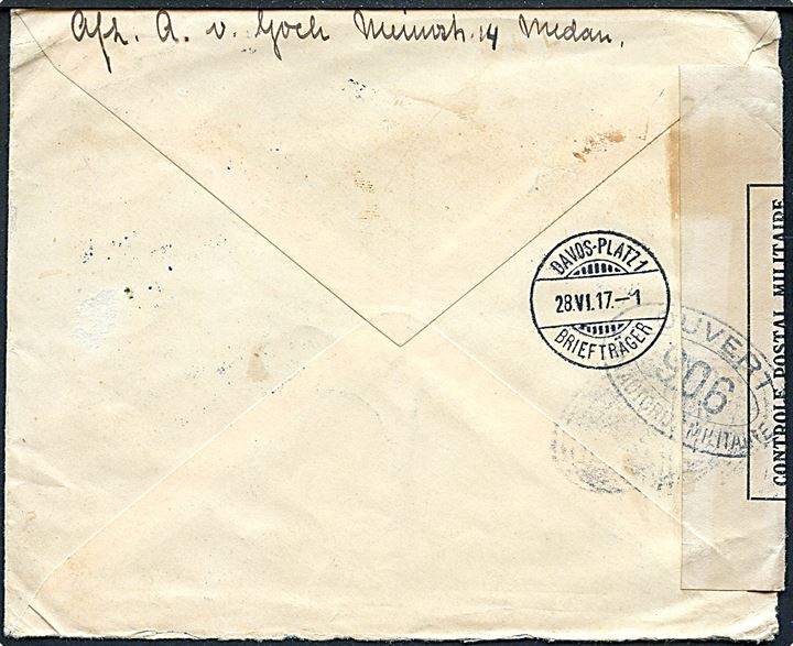10 cents helsagskuvert opfrankeret med 2½ cents Ciffer fra Medan d. 17.2.1917 til Davos, Schweiz. Censureret ved det franske censurkontor i London med stempel no. 906.