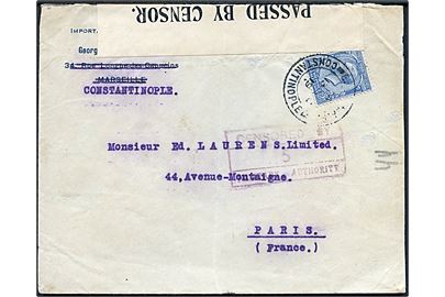 2½d George V på brev stemplet British A.P.O. Constantinople d. 13.10.1919 til Paris, Frankrig. Åbnet af lokal censur med fortrykt banderole: PASSED BY CENSOR og rammestempel Censored by / 5 / Military Authority.